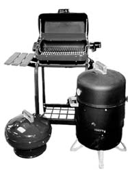 WFEC electric grills make great gifts. Shown from left are the Lock & Go portable, Deluxe cart model with or without rotisserie and the smoker/grill.