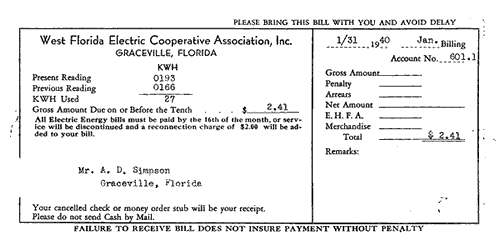 WFEC founding member A. D. Simpsons January 1940 electric bill is for the amount of $2.41